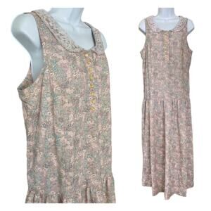 Vintage 80s Cottage Prairie Boho Calico Floral Drop Waist Lace Collar Dress M/L